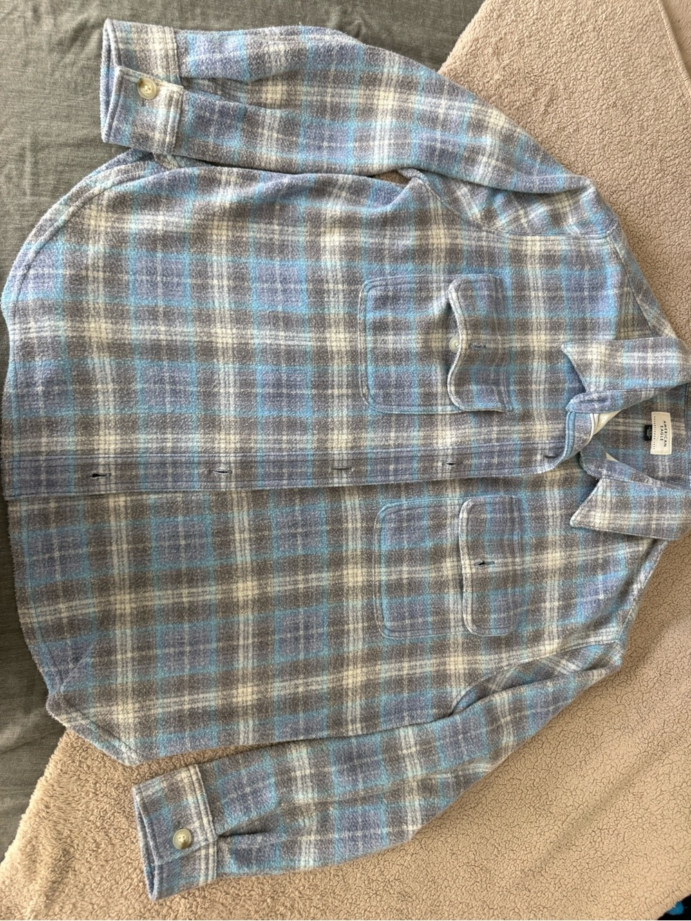 American Eagle Outfitters Blue & Gray Plaid Teddy Jacket